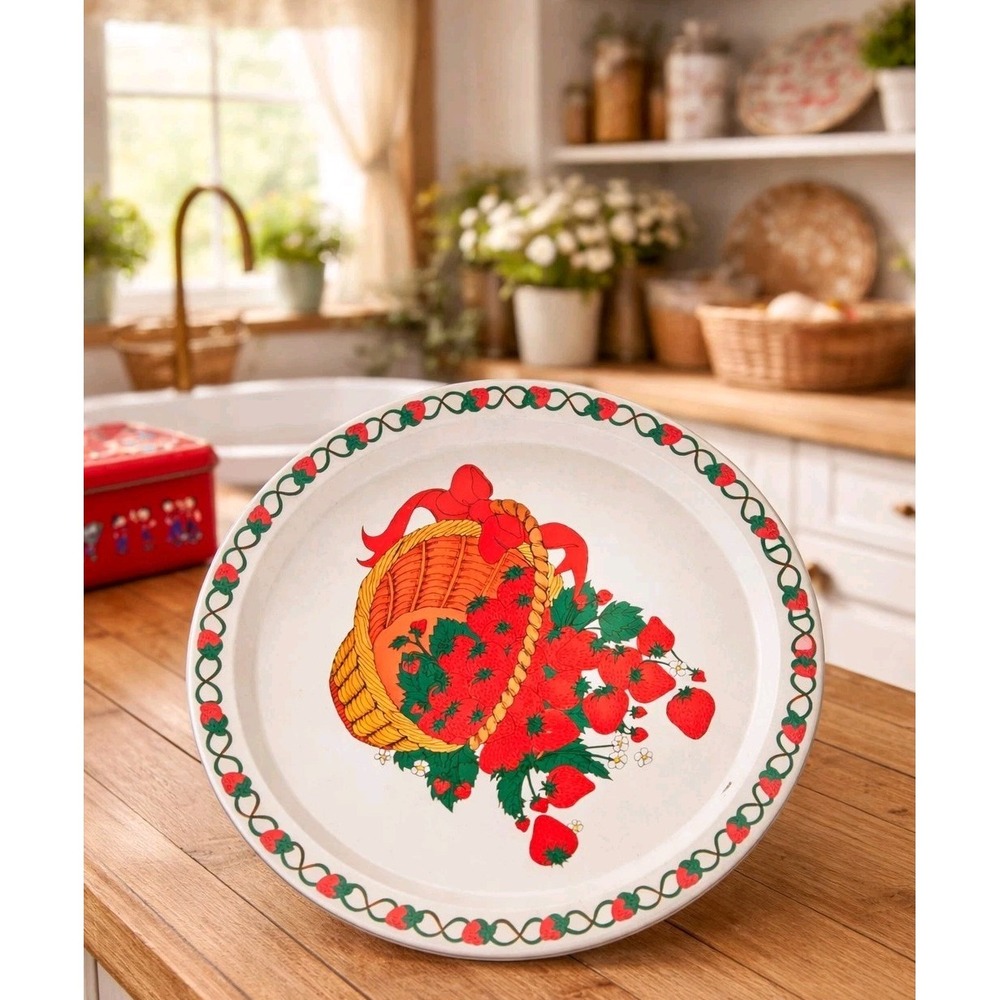 VTG 1980's Cottagecore Basket‎ Of Strawberries Metal Serving Tray 13" Giftco Inc